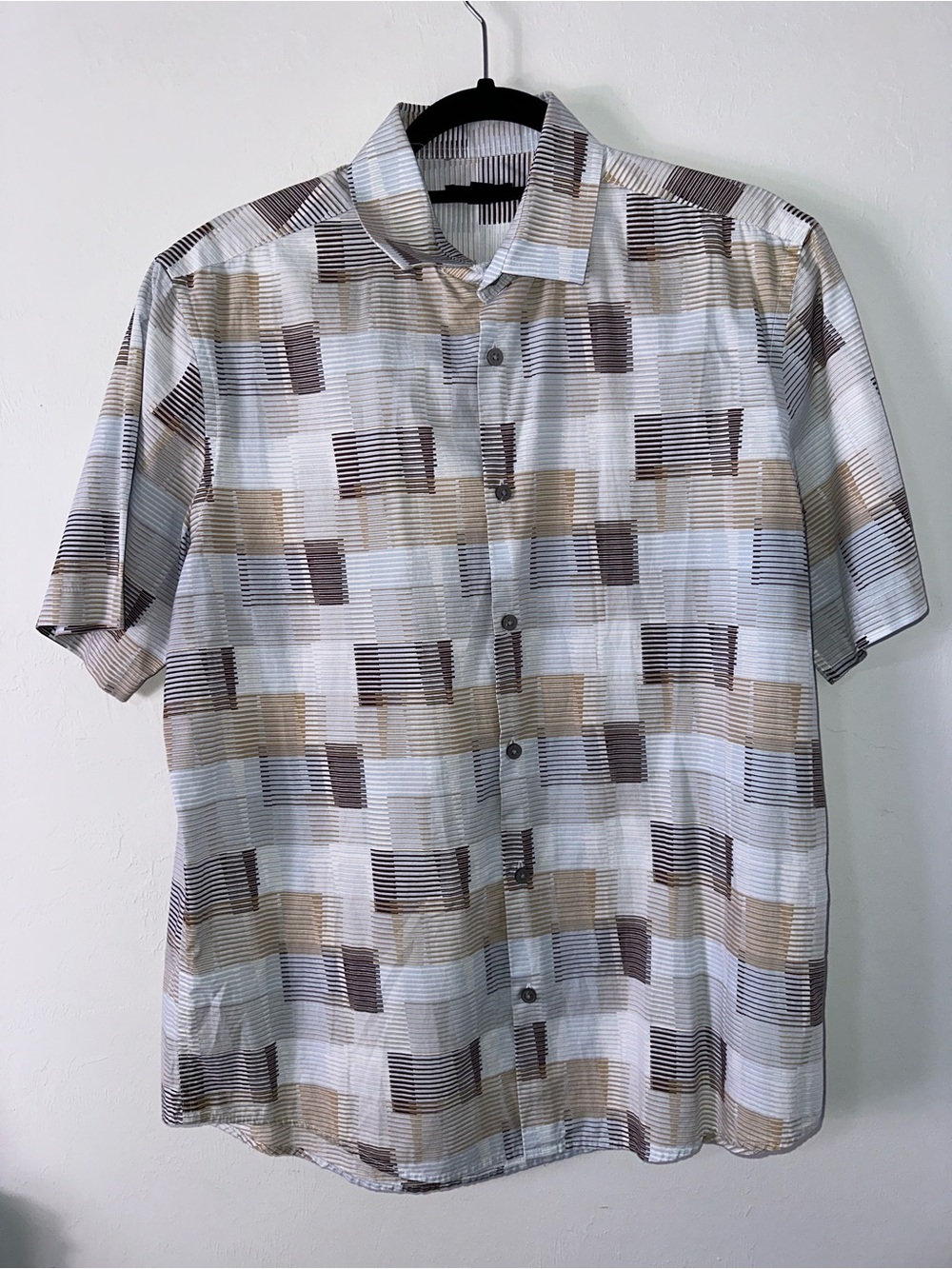 Alfani Men's Short-Sleeve Button-Down Shirt in Beige, Brown and White